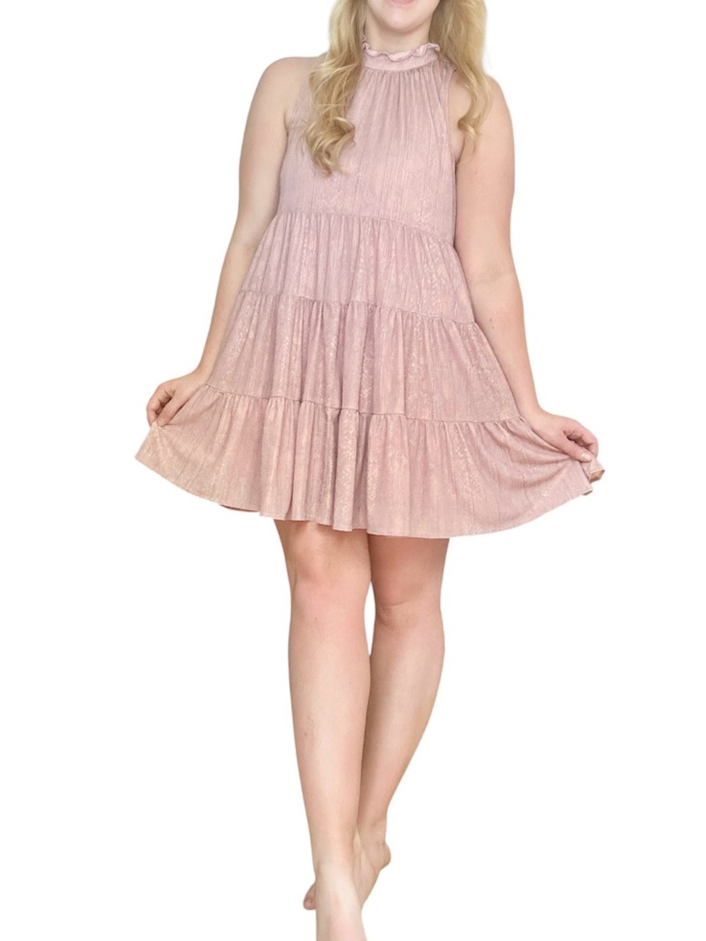TCEC Women’s M Tiered Pink Nude Snakeskin Mini Dress Halter Pockets Flowy Girly